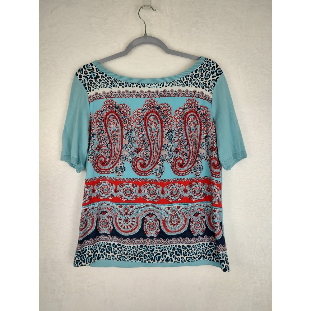 Talbots Womens Turquoise Paisley Leopard Mixed Media Short Sleeve Sweater Top M